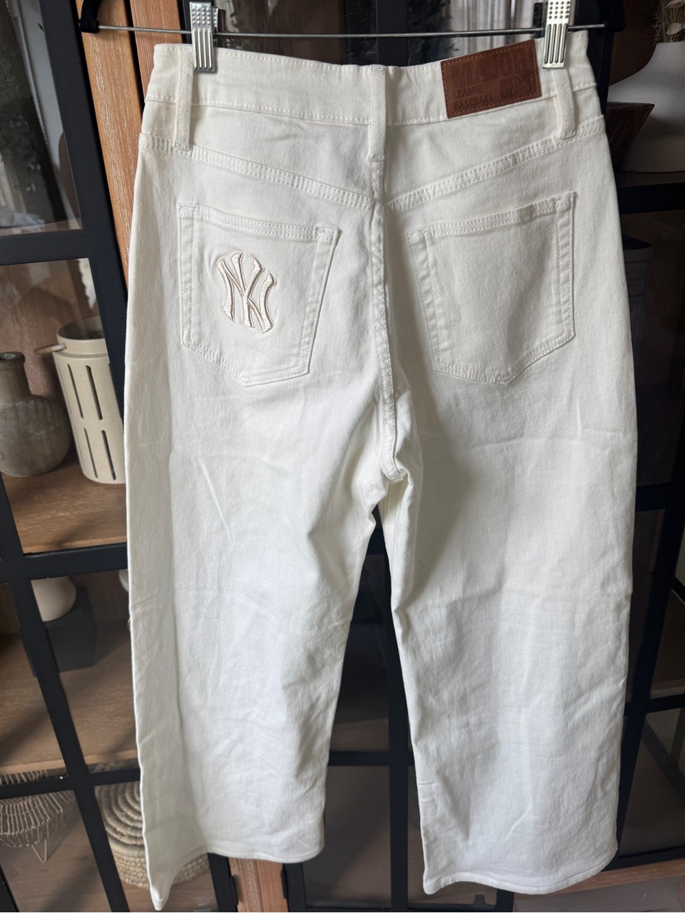 MLB Yankees jeans embroidered barrel wide leg mid rise baggy baseball new york